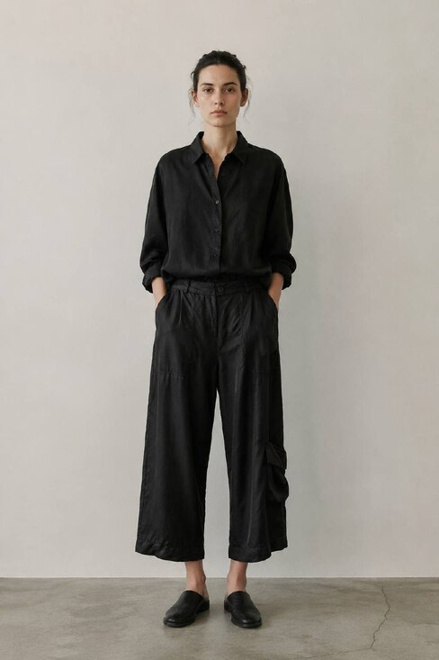 Isabel Benenato Pants - Isabel Benenato Cropped Wide Leg Cupro Pants Black